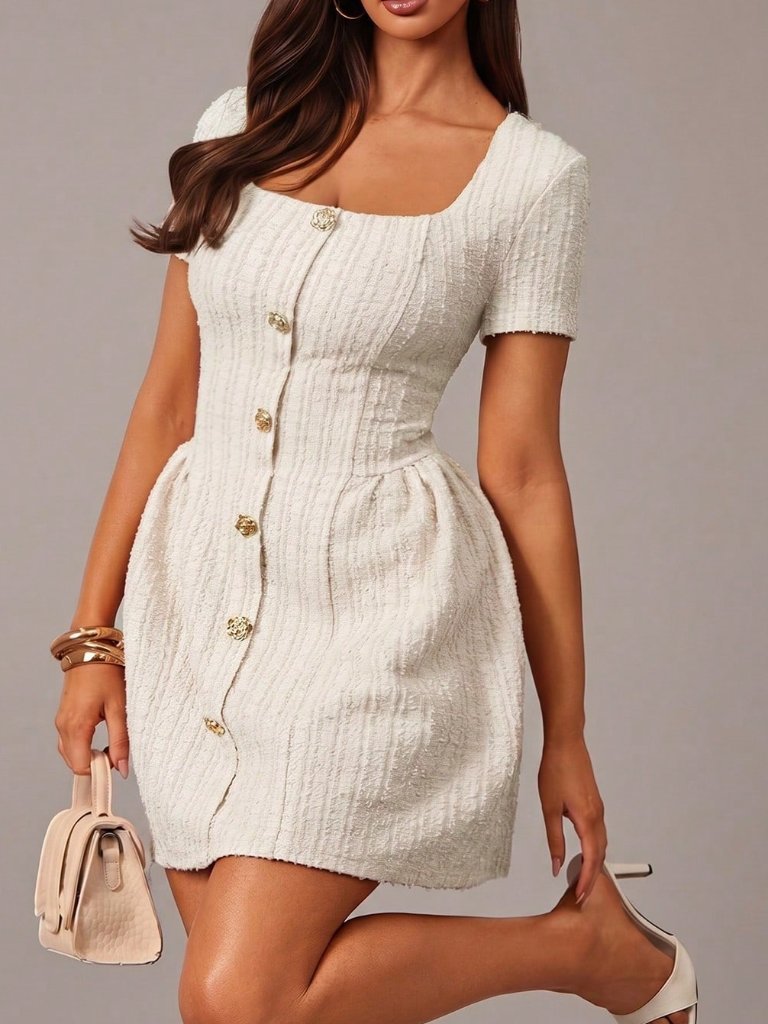 Apricot Casual Tweed Women's Mini Dress With Square Neckline And Button Details